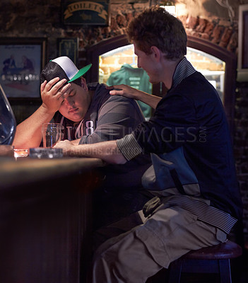 Buy stock photo Drunk man, pub support and friends help person with alcohol problem, drinking crisis or headache in bar. Mistake, burnout and sleeping person depressed over fail, shame or regret drinks