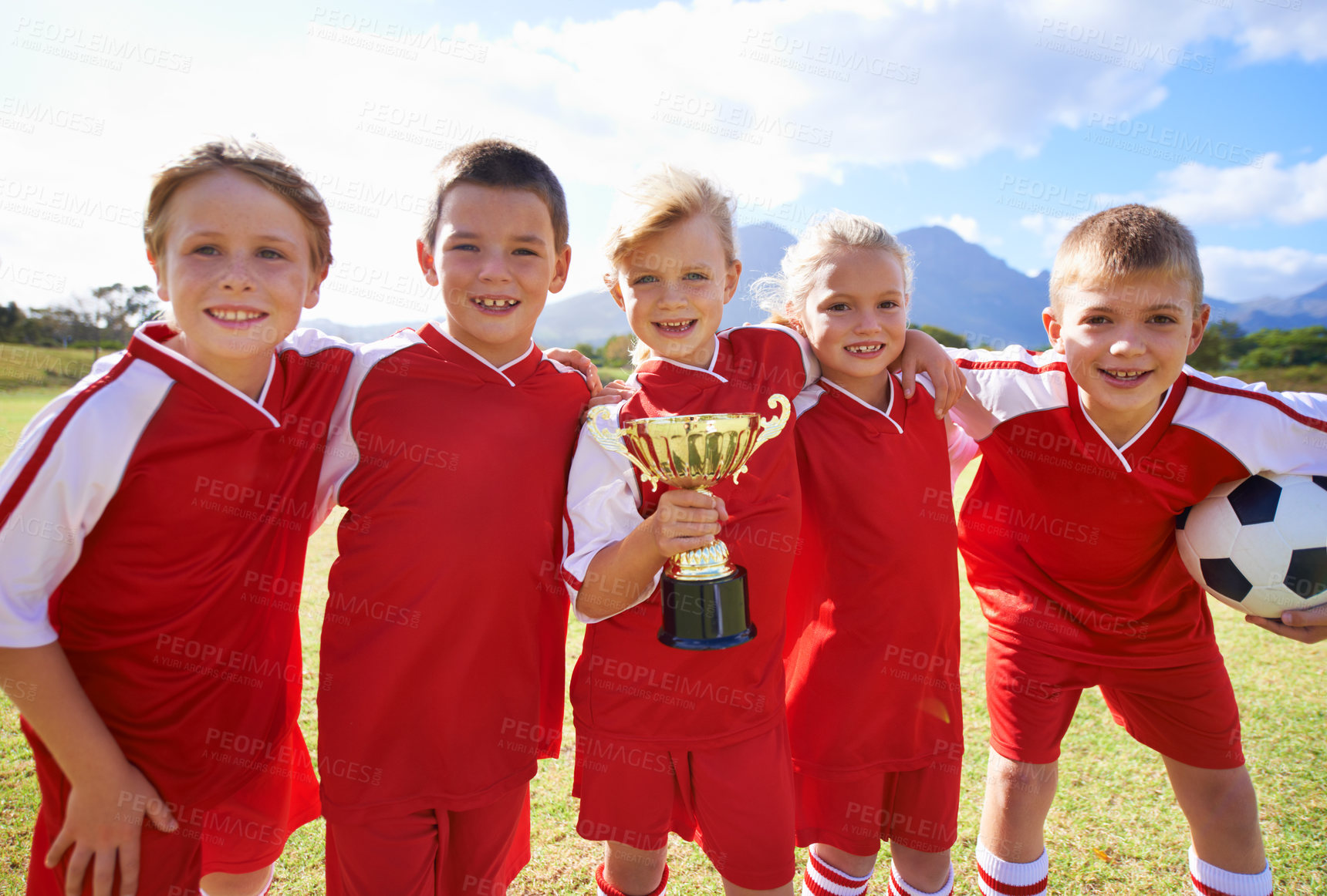 Buy stock photo Portrait, soccer team and children with cup, boys and girls with victory, support or proud. Achievement, sports and friendship, together and happy for win, ready for game or physical activity
