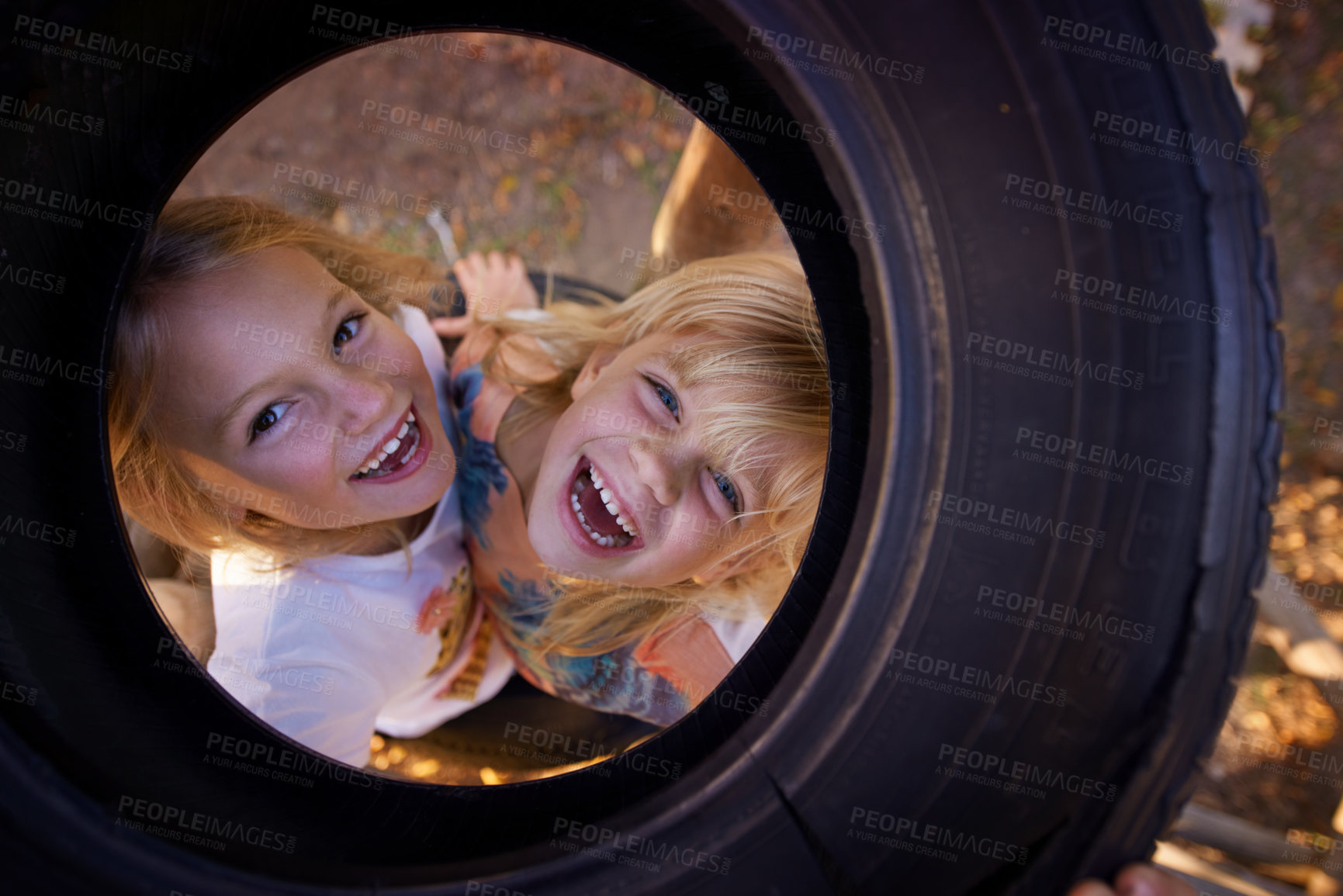 Buy stock photo Happy, playing and girl children in park having fun on adventure, vacation or weekend trip. Smile, excited and top view portrait of young kids from Australia playful and bonding in outdoor garden.