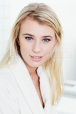Buy stock photo Portrait, woman and face of blonde for makeup, cosmetics or beauty in bathroom at home. Closeup of attractive, gorgeous or young female person or model in satisfaction for facial spa treatment
