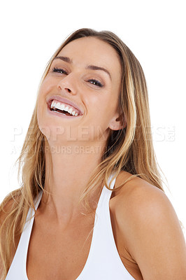 Buy stock photo Happy, laughing portrait and woman of a isolated model with a smile and natural beauty. Happiness, smiling and beautiful person alone with mock up in a studio feeling positive with white background