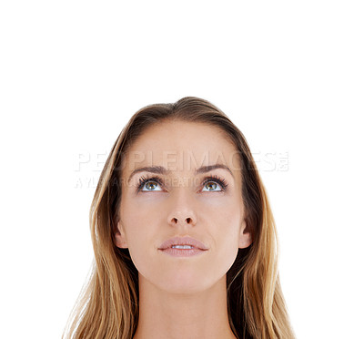 Buy stock photo Idea, young woman and thinking above of model with, planning and thoughtful ideas and mock up. Beautiful female face think isolated looking up with white background and person in studio copyspace 