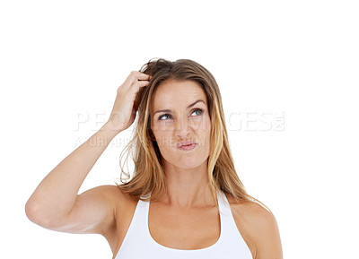 Buy stock photo Thinking, confused and woman scratching her head in doubt  and confusion isolated on white background. Idea, hair scratch and difficult choice for model in studio with frustrated expression on face.
