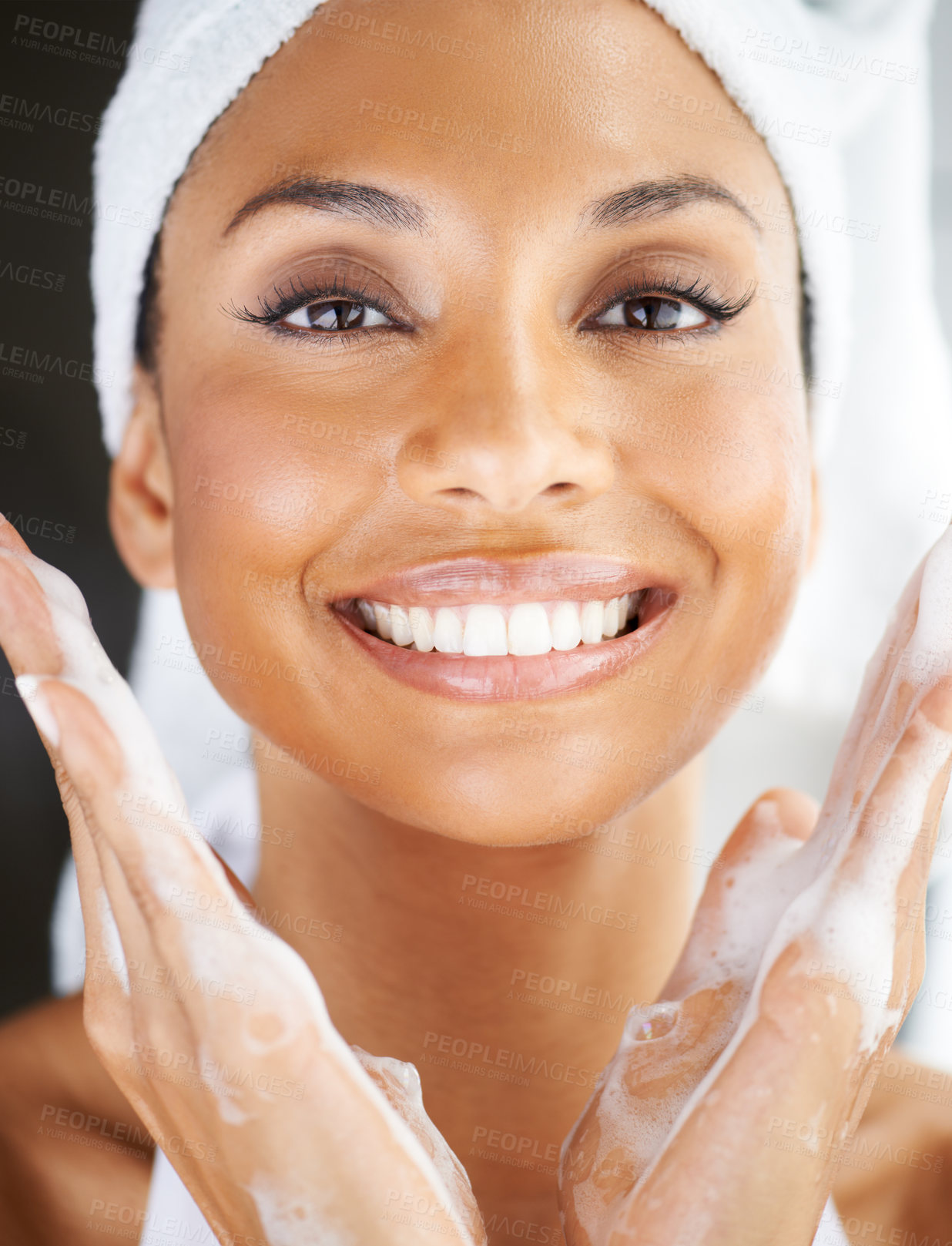 Buy stock photo Skincare, closeup of woman cleaning face and smile for beauty in portrait. Satisfied with shine, routine or hygiene and skin or morning wellness of African female model with isolated treatment