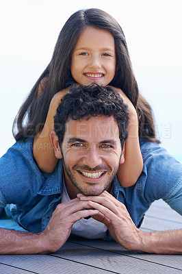 Buy stock photo Relax, floor and face portrait of happy family father, child or people smile for Fathers day, parenthood or wellness. Support trust, childhood and young kid, girl or youth bonding with dad on ground