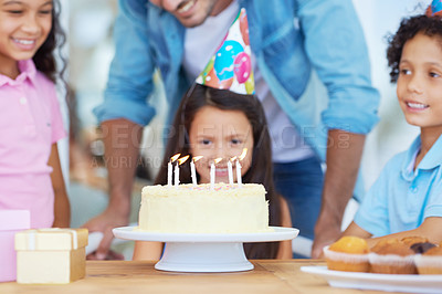 Buy stock photo Birthday cake candles, kids party celebration and happy children, friends group or family celebrate childhood memory event. Candle flame, wish and youth kid excited for dessert, sweets or food