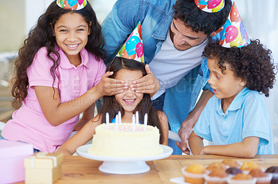 Buy stock photo Birthday cake surprise, party or happy children excited for special event, dessert food or celebration snack. Wow, happiness and family father, friends or kids together, having fun and celebrate girl