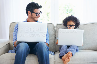 Buy stock photo Laptop, relax and family father, child or people sitting on home sofa, search online website or typing internet research. Elearning, remote education and happy man enjoy bonding quality time with kid