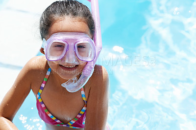 Buy stock photo Pool, smile and portrait of child with goggles for swimming lesson, activity or hobby fun. Happy, snorkeling and girl kid with equipment for skill or tricks in water of outdoor backyard at home.