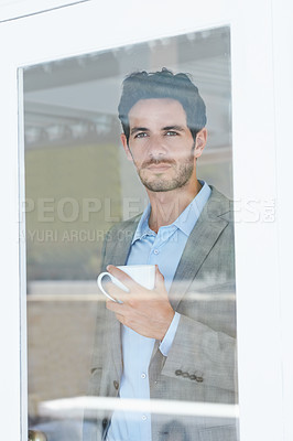 Buy stock photo Man, tea and window with thinking of business ideas, brainstorming or reflection with insight and inspiration. Corporate professional, coffee break with decision and future in company with planning