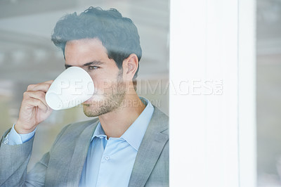 Buy stock photo Window, thinking and businessman with coffee in the office planning ideas for legal project. Brainstorming, law career and professional young male attorney drinking cappuccino by glass in workplace.