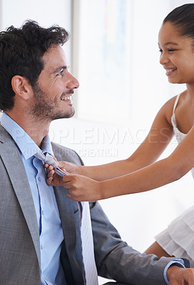 Buy stock photo Happy, tie and child helping father with getting ready for work in living room of modern home. Smile, love and young dad dressing with girl kid for classy, elegant pr fancy suit in lounge at house.