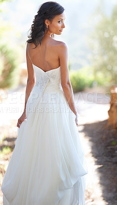 Buy stock photo Bride, woman and back view of dress for wedding with celebration outdoor, summer or spring with ceremony. Marriage, elegance and bridal garment for commitment and love, social event in nature park