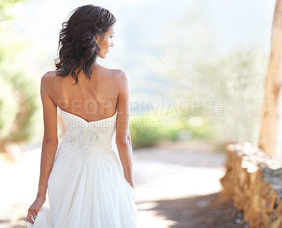 Buy stock photo Garden, woman or back of bride in wedding with celebration outdoor, summer or ceremony event. Marriage dress, elegant style and bridal garment for commitment, love or fashion in park or nature space