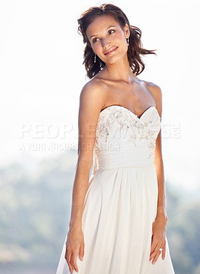 Buy stock photo Outdoor, happy bride or woman thinking of wedding in celebration of marriage or ceremony event. Dream, elegant style or lady in bridal garment for beauty, love or fashion in park, summer or garden 