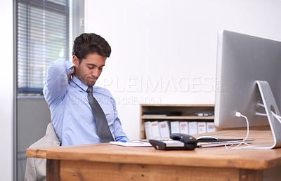 Buy stock photo Business man, burnout and fatigue at work with paralegal in office, stress about job and overworked. Neck pain, muscle tension and pressure with tired employee at desk, crisis or disaster with fail
