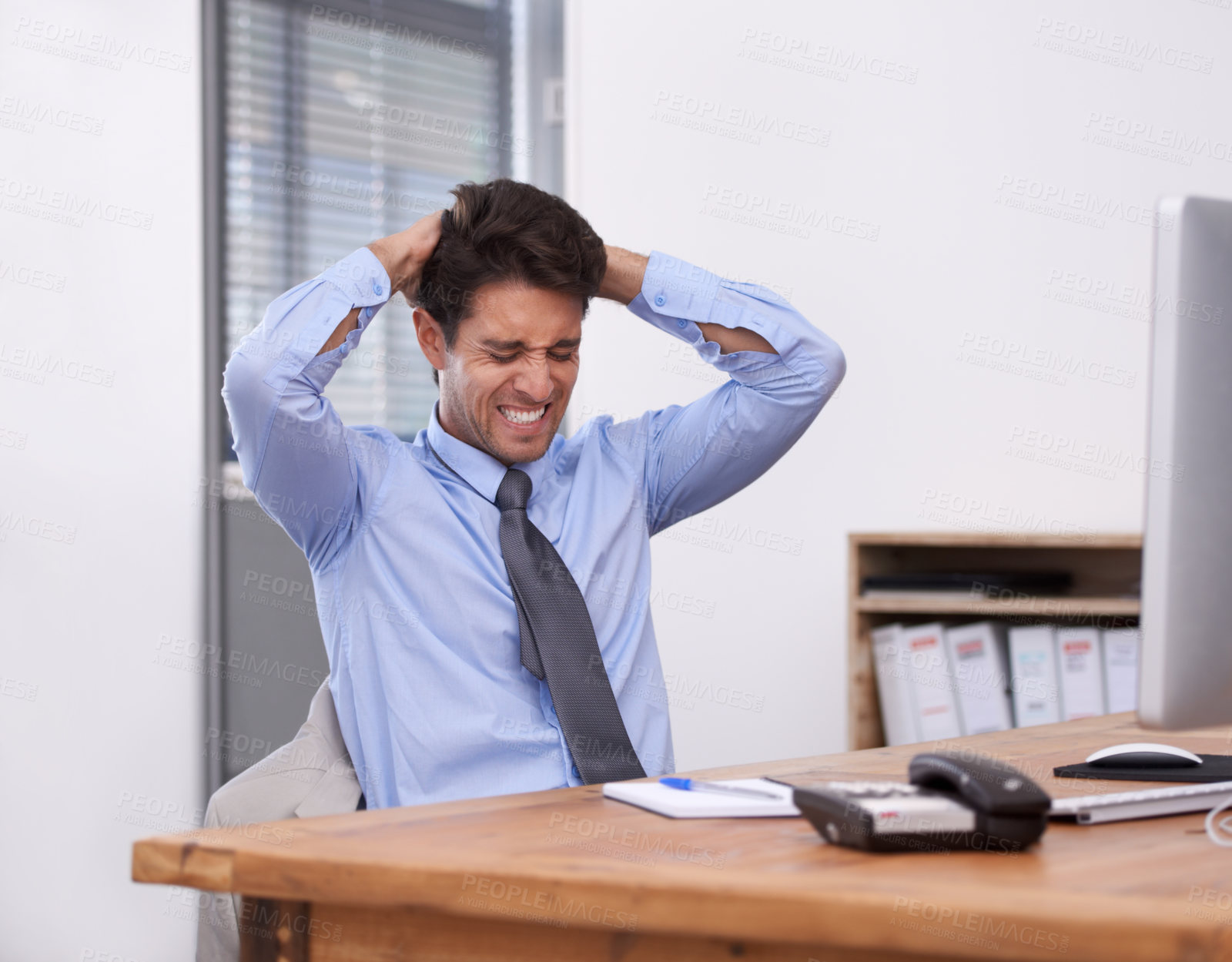 Buy stock photo Business man, burnout and anger at work with paralegal in office, stress about job and overworked. Anxiety, mental health and pressure with frustrated employee at desk, crisis or disaster with fail