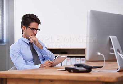 Buy stock photo Businessman, thinking and information in notebook, contemplating ideas and notes in workplace. Male professional, planning and agenda for schedule or strategy, company journal and writing a solution