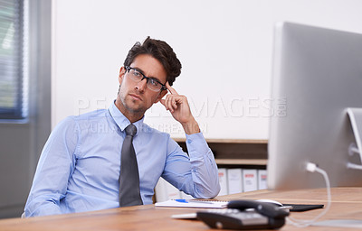 Buy stock photo Businessman at desk, thinking or planning with research, ideas and doubt for problem solving. Corporate, confused and professional consultant in workplace for project vision, choice and solution 