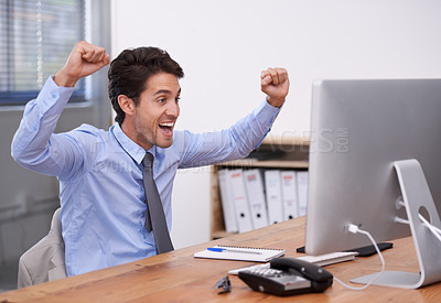 Buy stock photo Business man, celebration and computer for win in office, promotion and online competition or giveaway. Male professional, fist pump and career achievement, success and announcement or information