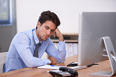 Buy stock photo Business man, burnout and angry at work with paralegal in office, thinking of stress of job and overworked. Depression, sad and pressure with tired employee at desk, crisis or disaster with fail