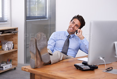 Buy stock photo Business man, phone call and discussion in workplace, contact and consulting in office. Happy businessperson, professional and communication for opportunity, technology and smartphone for information