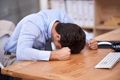 Buy stock photo Business man, stress and resting on desk, burnout and mental health or overworked in workplace. Male professional, frustration and banging table in anger, bankrupt and overwhelming debt or pressure