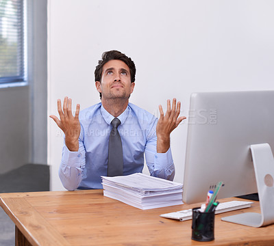 Buy stock photo Businessman, documents and frustrated at desk in office with burnout, mental health and deadline. Entrepreneur, person and stress with paperwork at workplace for overwork, anxiety and career fail