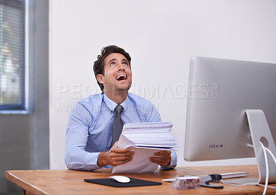 Buy stock photo Businessman, paperwork and frustrated at desk in office with burnout, mental health and deadline. Entrepreneur, person and stress with documents at workplace for overwork, anxiety and career fail