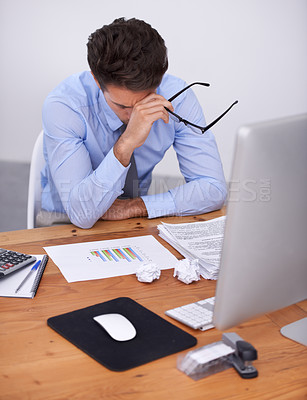 Buy stock photo Business man, burnout and headache with graphs at desk, data analyst in office with vision problem and overworked. Anxiety, depression and fatigue, crisis or disaster with analytics deadline and pain
