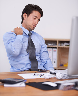 Buy stock photo Business man, burnout and neck pain at work with data analyst in office, stress about job and overworked. Spine, muscle tension and pressure with tired employee at desk, crisis or disaster with fail