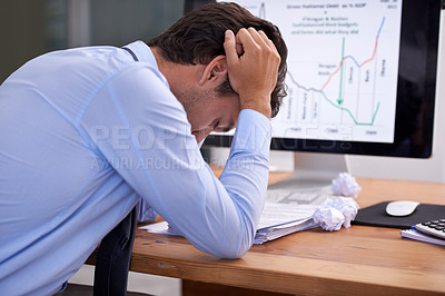 Buy stock photo Business man, trader with burnout and fatigue at work, stress about job and overworked. Stock market crash, headache and pressure with tired employee at desk, crisis or disaster with trading fail