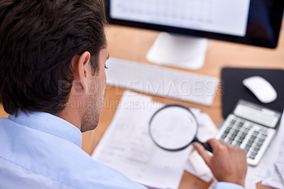 Buy stock photo Finance, businessman and magnifying glass in office with accounting career, budget and bills planning. Entrepreneur, person and bookkeeper with rear view for asset management, expenses and investment