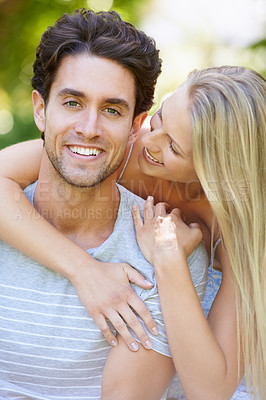 Buy stock photo Couple, hug in park and smile with love and commitment in healthy relationship. People on a date outdoor, happiness and care with trust, partner and bonding together for marriage and romance