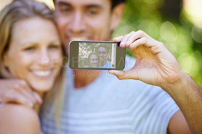 Buy stock photo Selfie, photography or happy couple on social media in park to relax together on holiday vacation. Smile, woman or man in picture or photo for bonding with love, support or hug on an online post