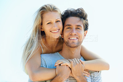 Buy stock photo Relax, portrait or happy couple hug on outdoor date for support or love in summer in nature together. Sky space, romantic man or woman with smile on holiday vacation for bond, travel or wellness