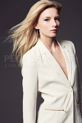 Buy stock photo Woman, face and professional clothes for fashion, beauty and wellness with confident model on dark background. Corporate jacket, ambition and power in portrait with business style in a studio 