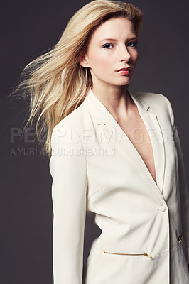 Buy stock photo Woman, face and business clothes for fashion, beauty and wellness with confident model on dark background. Corporate jacket, ambition and power in portrait, professional style or outfit in studio 