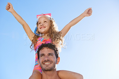 Buy stock photo Happy dad, girl and piggyback at beach for summer holiday, weekend or vacation together. Father carrying child, kid or daughter on shoulders in sun for fun day by ocean or outdoor nature on mockup