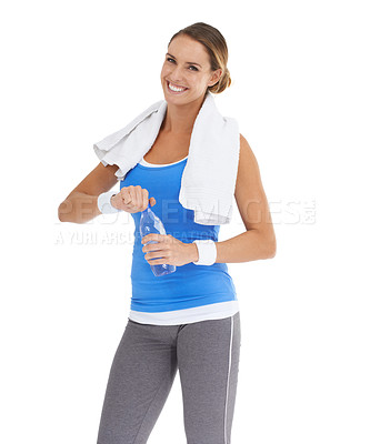 Buy stock photo Water, fitness and portrait of young woman in studio on break for exercise, training or workout. Smile, sports and happy female person with hydration drink for weight loss by white background.