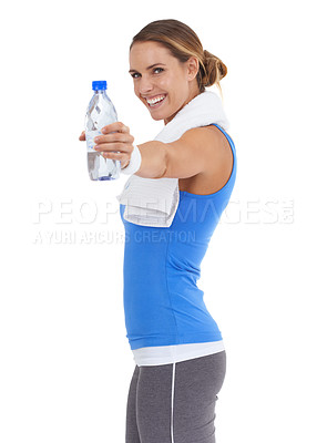 Buy stock photo Woman, fitness portrait and water bottle in studio for health, wellness and training on a white background. Happy person or sports model giving liquid for gym energy, workout and exercise challenge