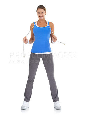 Buy stock photo Health, measuring tape and portrait of woman in a studio for exercise, training or workout. Fitness, smile and young happy female person with equipment for weight loss isolated by white background.
