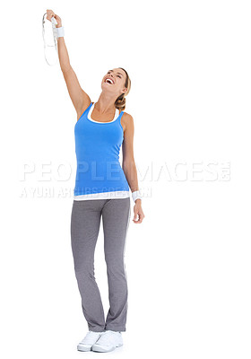 Buy stock photo Health, measuring tape and portrait of woman in a studio for exercise, training or workout. Sports, smile and young happy female person with equipment for weight loss isolated by white background.