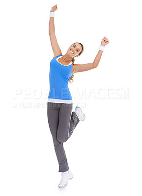 Buy stock photo Woman, workout celebration and yes in studio for exercise, fitness achievement and body goals or dance. Sports model with fist, energy or surprise portrait for training results on a white background