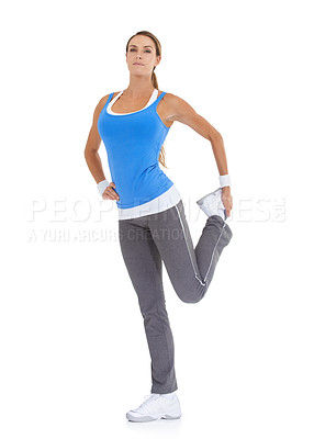 Buy stock photo Fitness, portrait and woman stretching in studio for leg exercise, training or workout. Sports, health and young female person with muscle warm up for wellness activity isolated by white background.