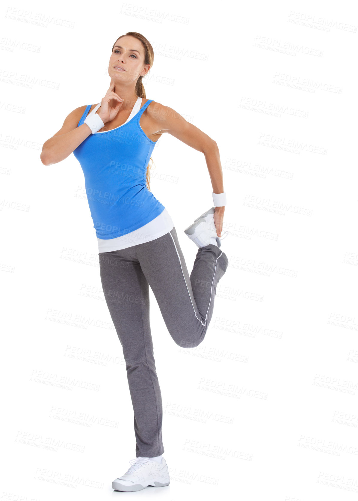 Buy stock photo Fitness, pulse and woman stretching in studio for leg exercise, training or workout. Sports, health and young female person with muscle warm up for wellness activity isolated by white background.