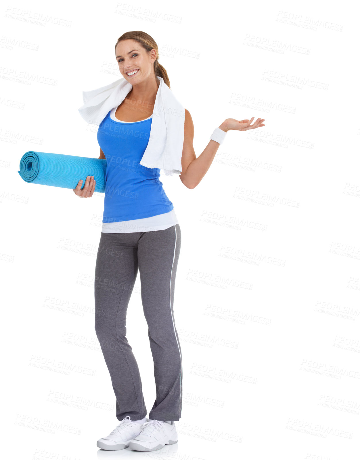 Buy stock photo Yoga mat, hand and portrait of woman in studio with mockup space for exercise or workout. Happy, equipment and young female person with show gesture for fitness or sports isolated by white background