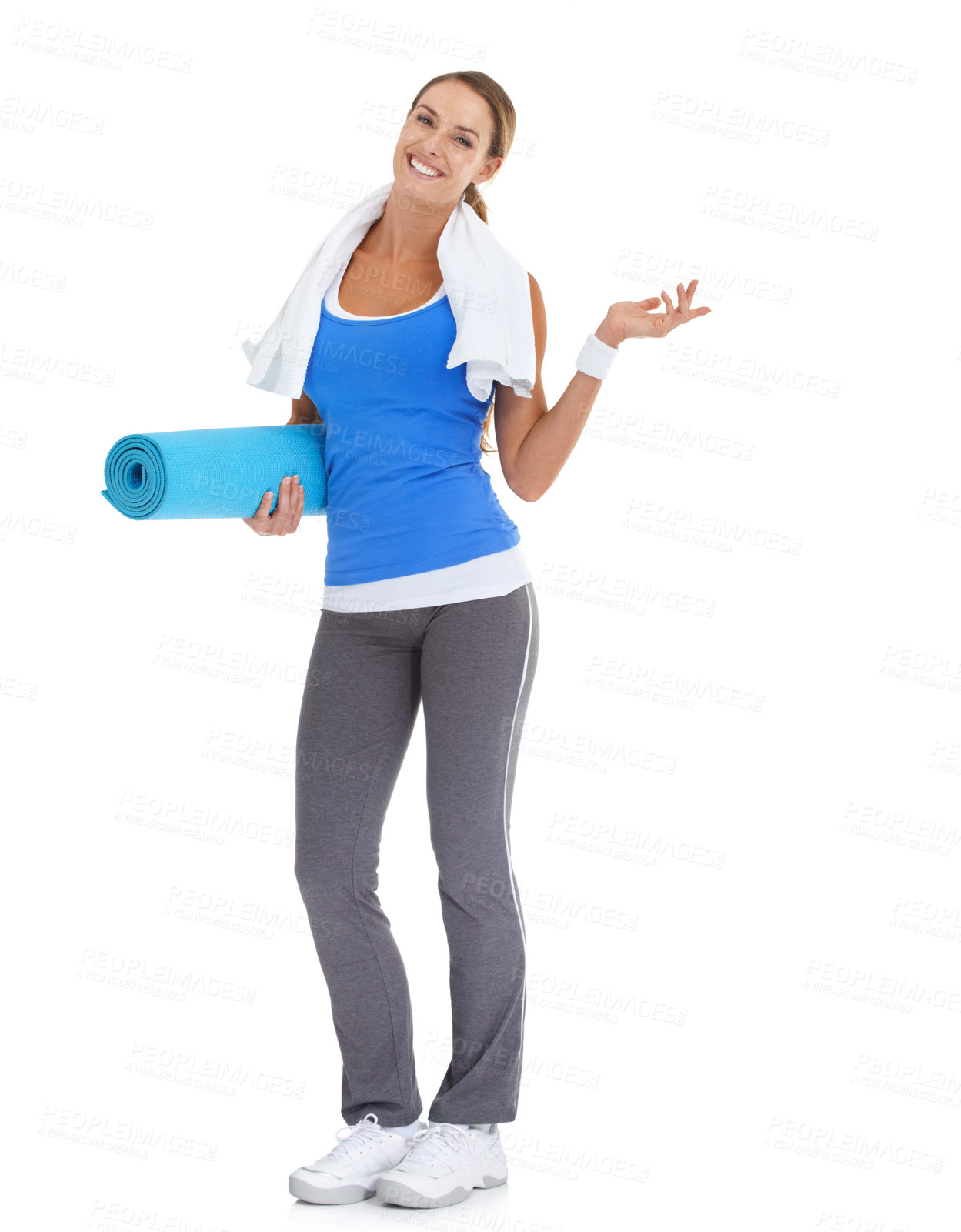 Buy stock photo Yoga mat, fitness and portrait of woman in studio with mockup space for exercise or workout. Happy, equipment and portrait of young female person with show gesture for sports by white background.