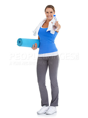 Buy stock photo Yoga mat, water and portrait of woman in studio for exercise, training or workout. Happy, equipment and young female person with hydration drink for fitness or sports isolated by white background.