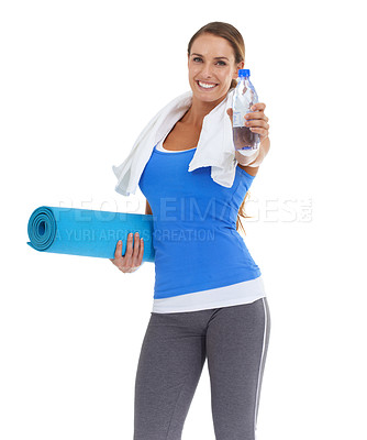 Buy stock photo Yoga mat, water and young woman in studio for exercise, training or workout. Happy, equipment and portrait of female person with hydration drink for fitness or sports isolated by white background.